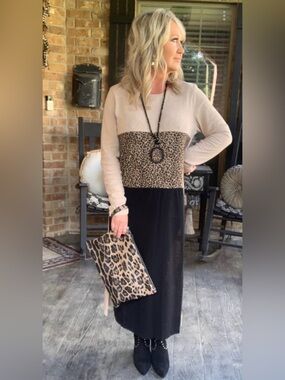 Umgee Colorblock Leopard Print Tunic - Beige, Black, Brown PTP 20’ L 49’